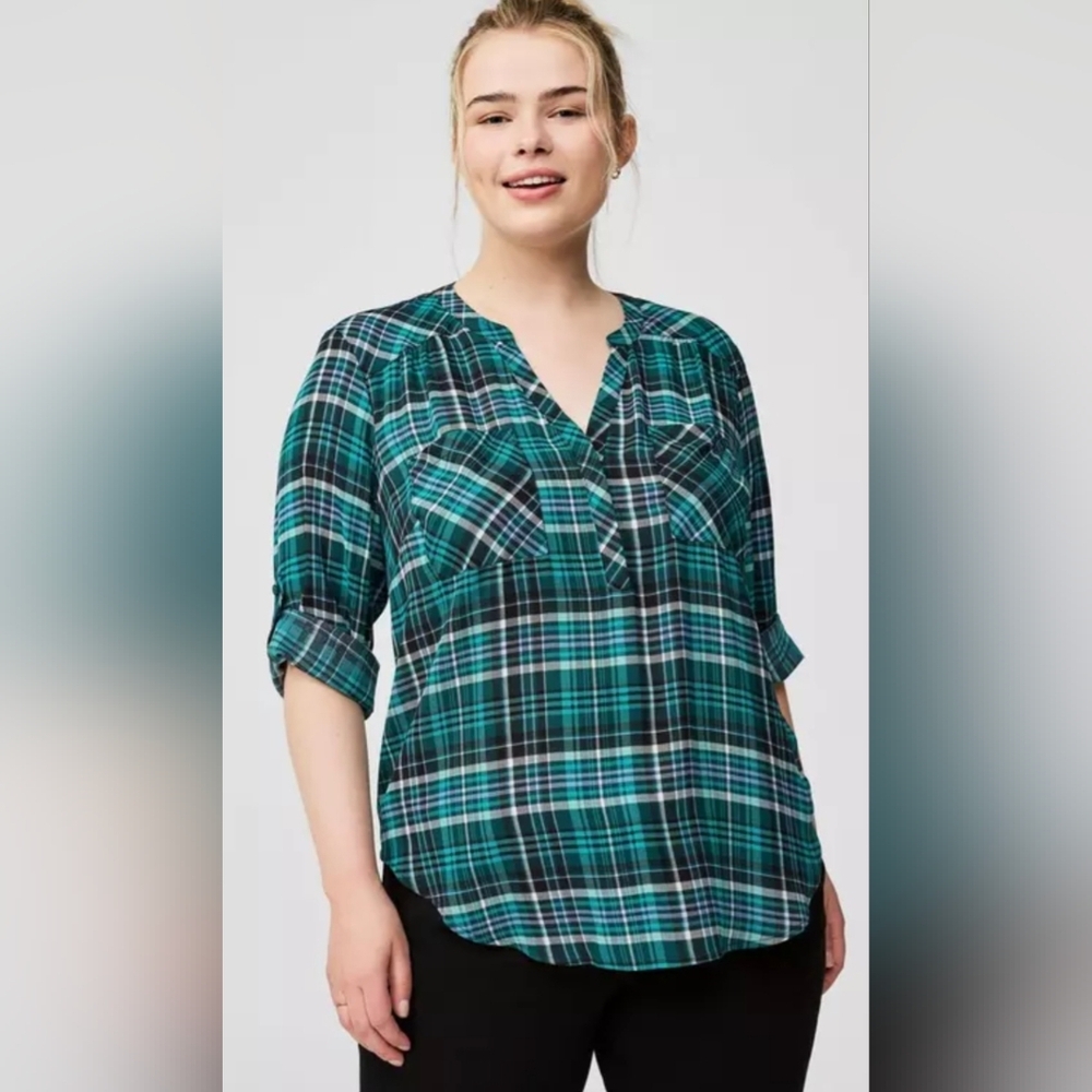 Torrid Harper Blue Plaid 3/4 Sleeve Pullover Blouse 1X 14 16 - Picture 1 of 5